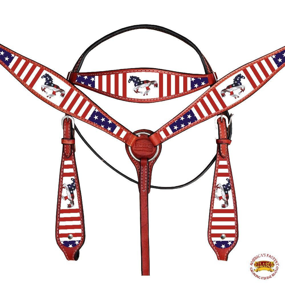 HILASON Western Horse Headstall Breast Collar American Leather US Flag | Tack Set for Horses