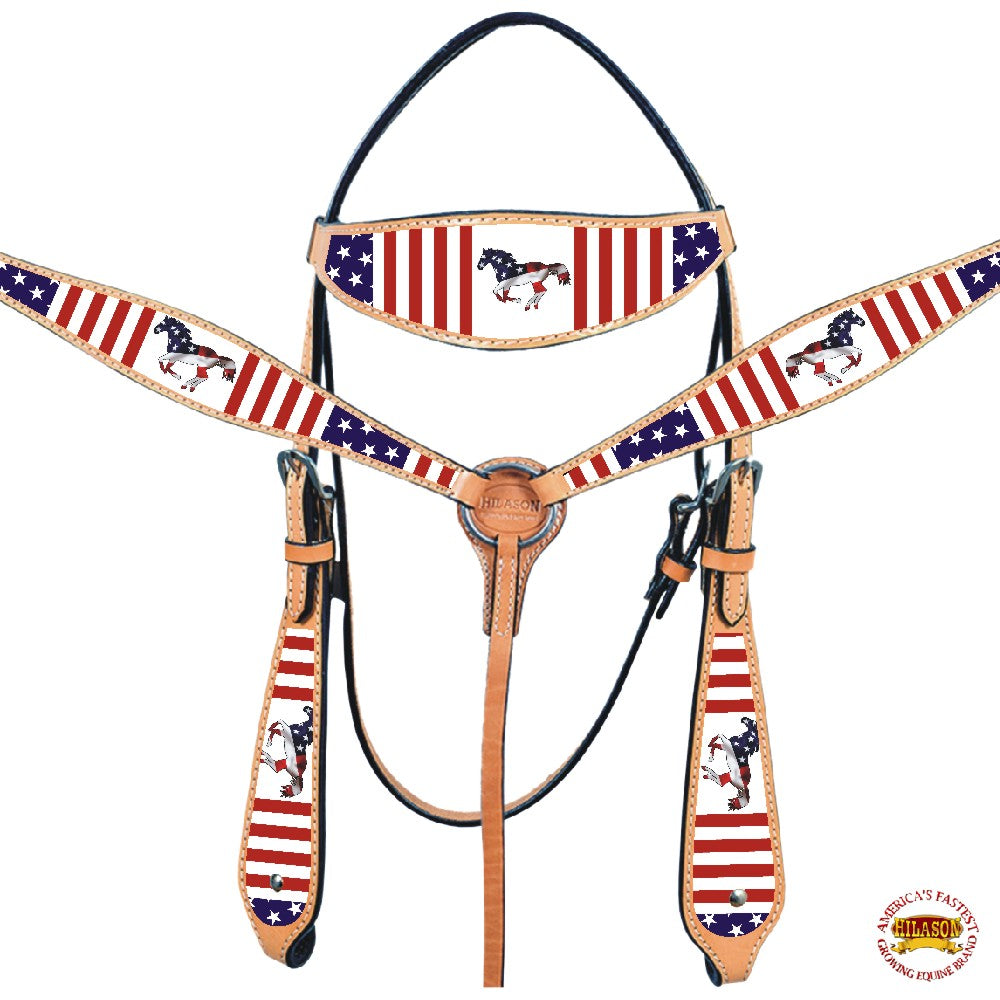 HILASON Western Horse Headstall Breast Collar American Leather US Flag | Tack Set for Horses
