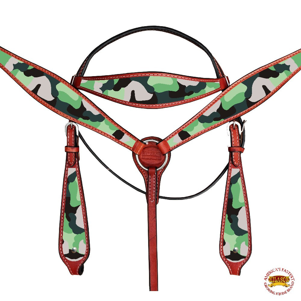 HILASON Western Horse Headstall Breast Collar American Leather Camouflage | Tack Set for Horses