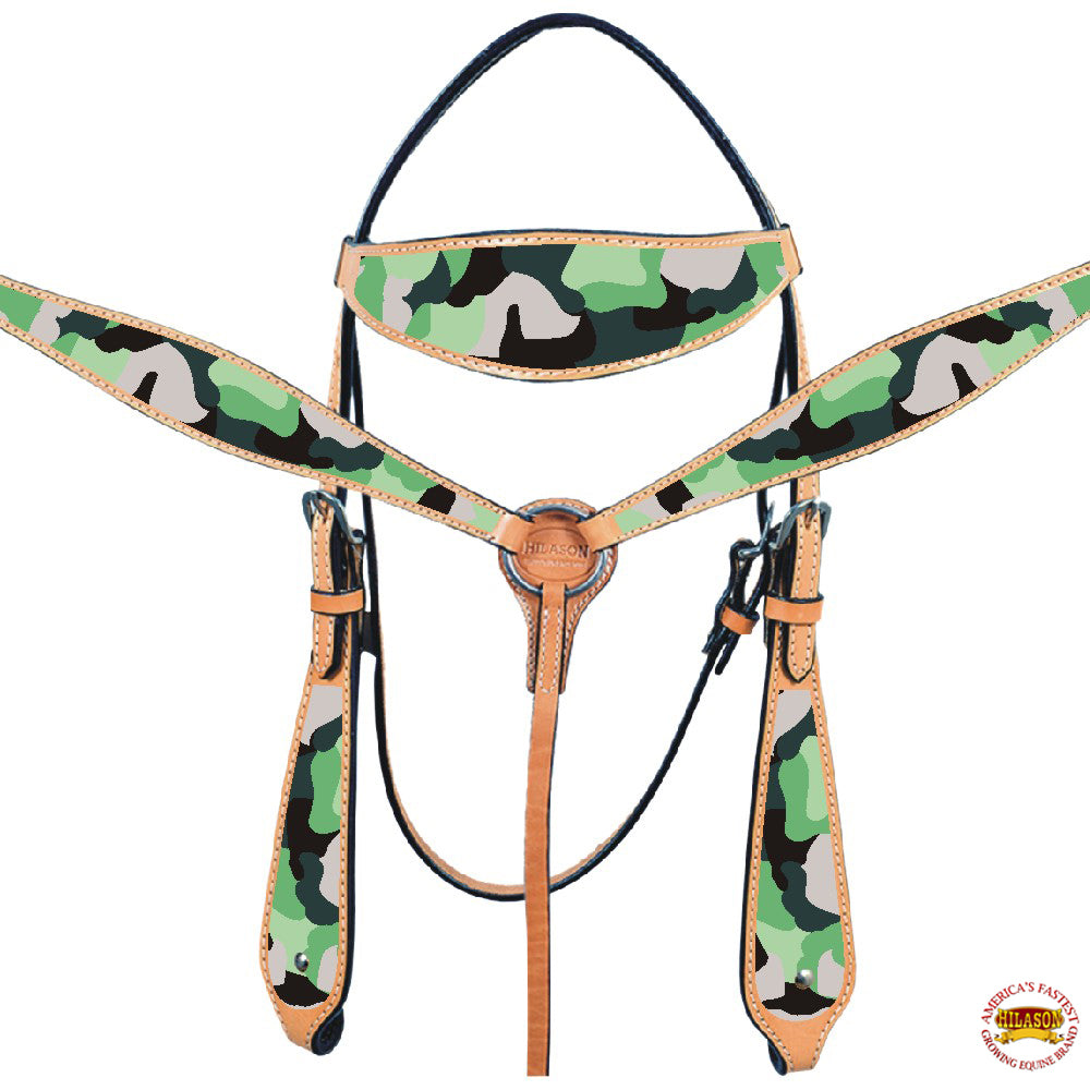 HILASON Western Horse Headstall Breast Collar American Leather Camouflage | Tack Set for Horses