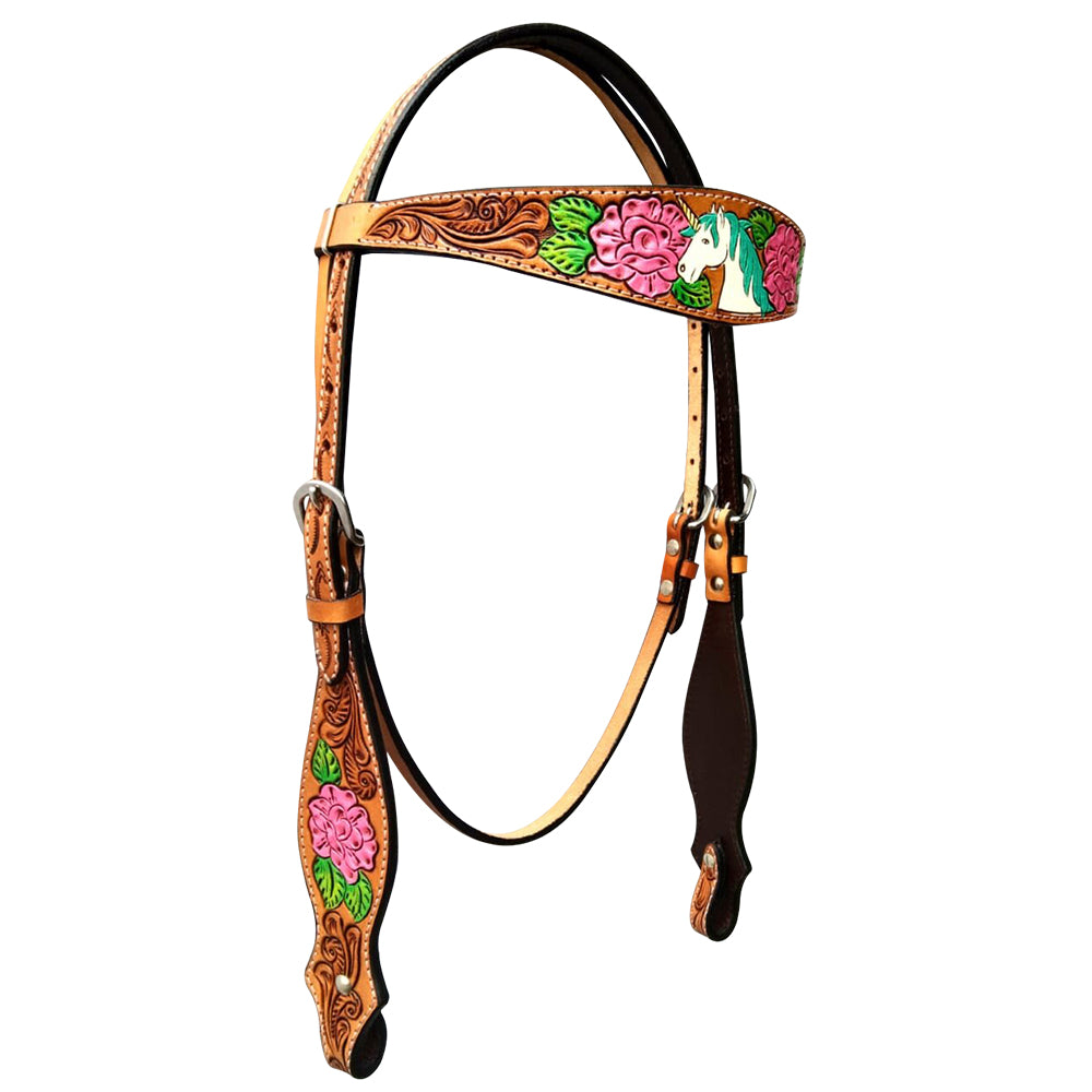 Bar H Equine Belle Unicorn Leather Headstall Tan
