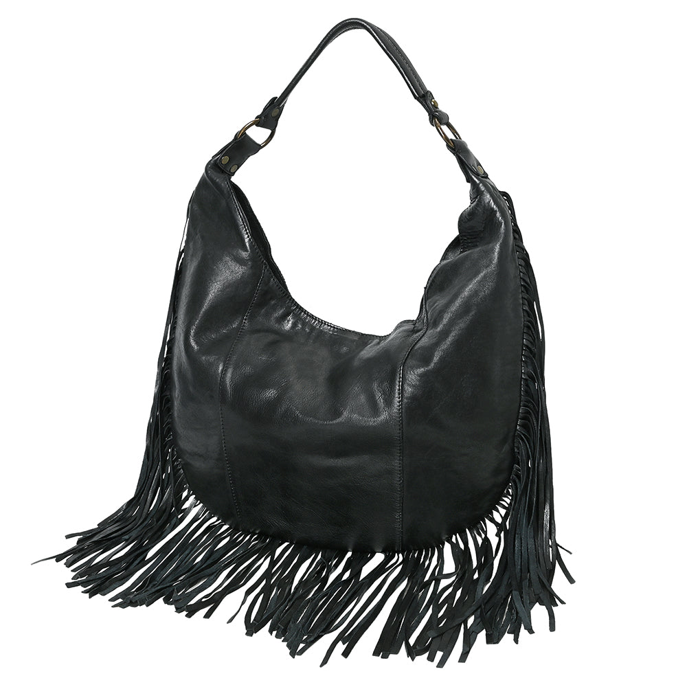 Spaghetti Western Swc127Blk Hobo Vintage Handmade Drum Dyed Genuine European Cowhide Leather Women Bag Western Handbag Purse