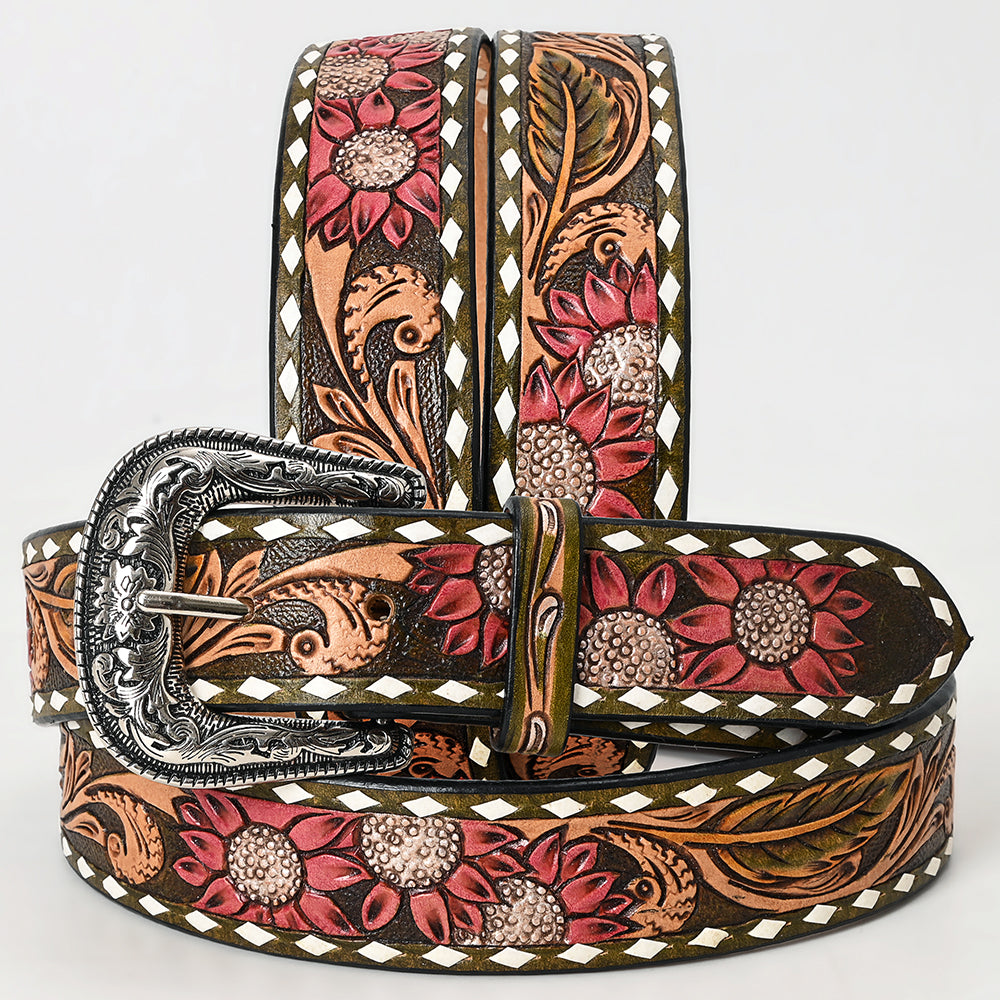 American Darling Beautifully Hand Tooled Green Genuine Leather Belt Men and Women Western with Removable Buckle