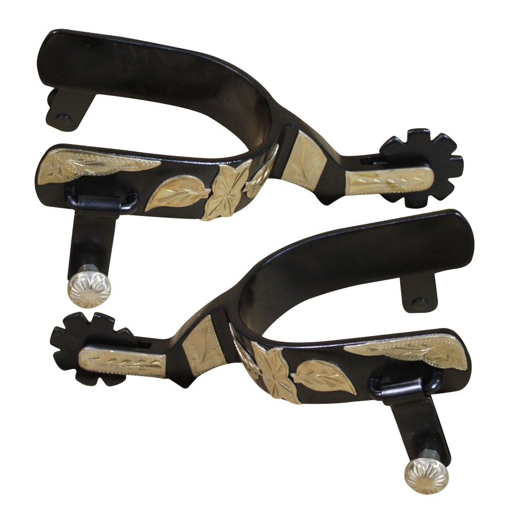 Hilason 1" Band Mens Spurs Black Steel Engraved Leaf For Horse Riding