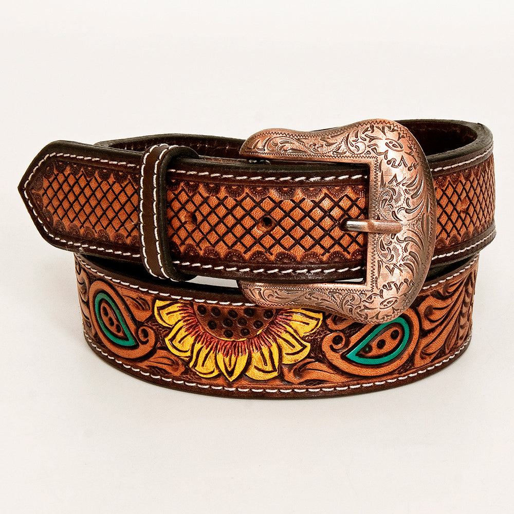 BAR H EQUINE Brown Sunflower Floral Hand Painted Genuine Leather Men & Women Belt Unisex Western with Removable Buckle