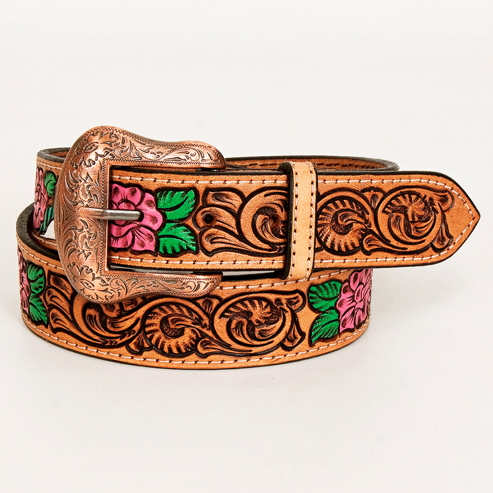 Bar H Equine Hand Tooled Genuine Leather Crafted Tan Unisex Western Belt with Floral Carving Tooling Men & Women