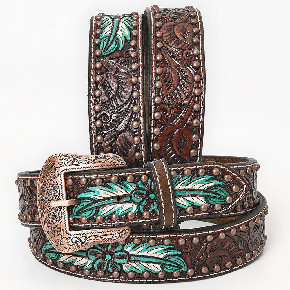 BAR H EQUINE Brown Natural Floral Hand Painted Carved Fashion Premium Leather Belt Unisex Western with Removable Buckle