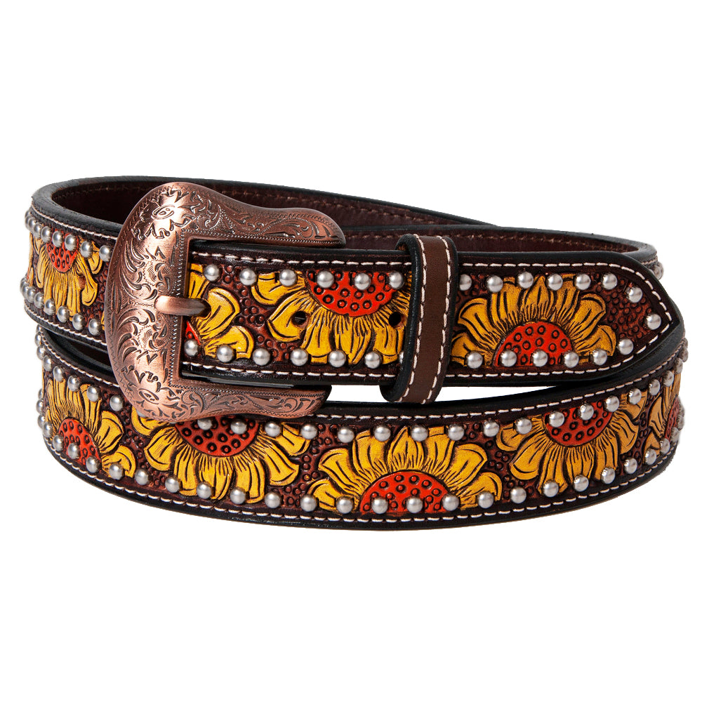 BAR H EQUINE Brown Sunflower Floral Hand Painted Carved Fashion Premium Leather Belt Unisex Western with Removable Buckle