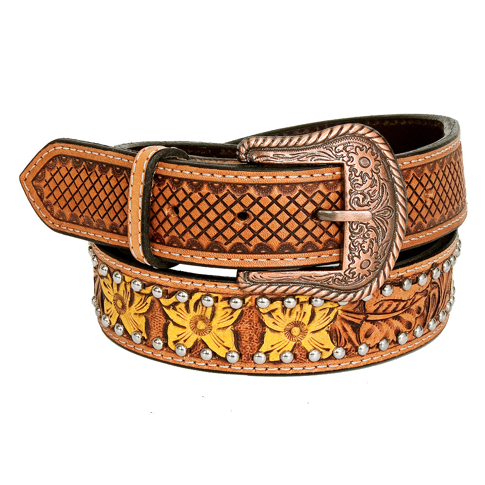 BAR H EQUINE Tan Daffodil Floral Hand Painted Carved Fashion Premium Leather Belt Unisex Western with Removable Buckle