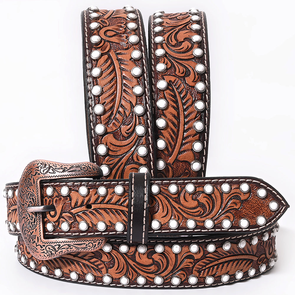 Bar H Equine Floral Leaf White Crystal Hand Carved Genuine Leather Brown Unisex Western Belt | for Men Women wit