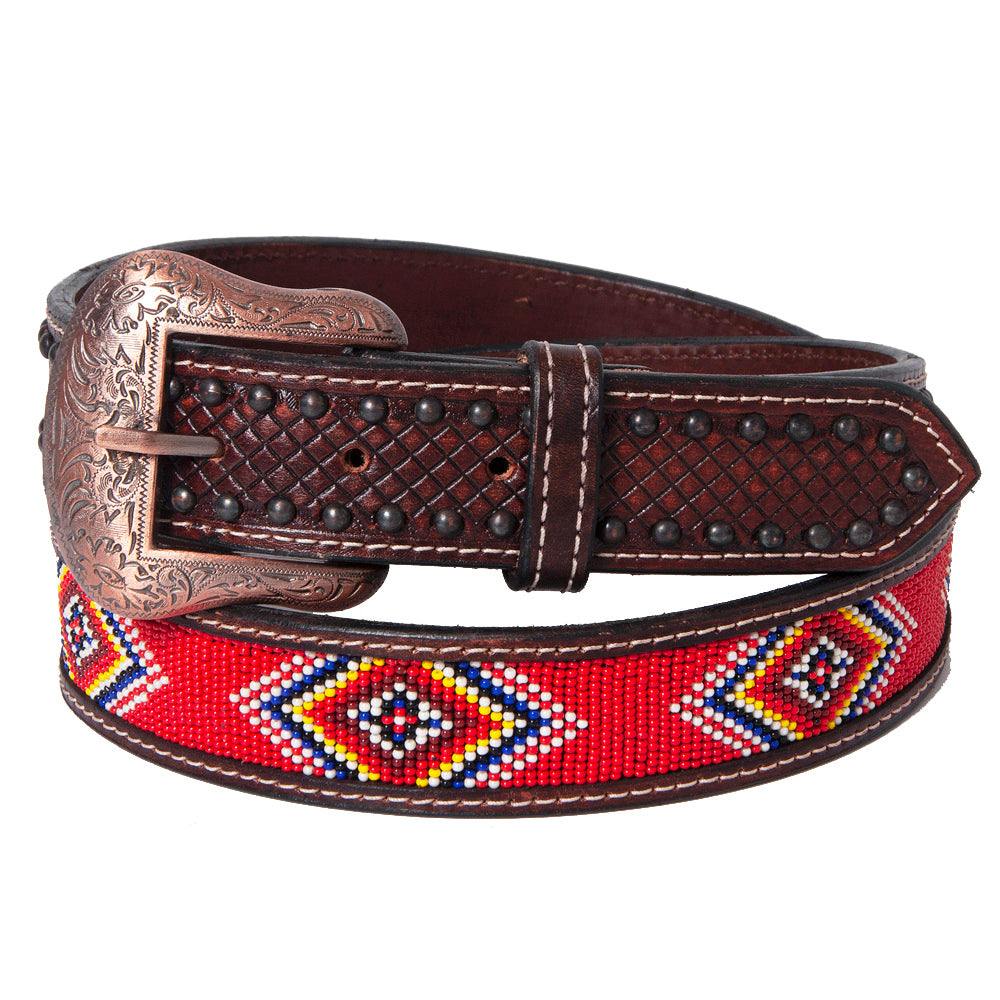 Bar H Equine Hand Carved & Crafted Genuine Leather Red Beaded Black Crystal Unisex Western Belt Carving Antique Brown