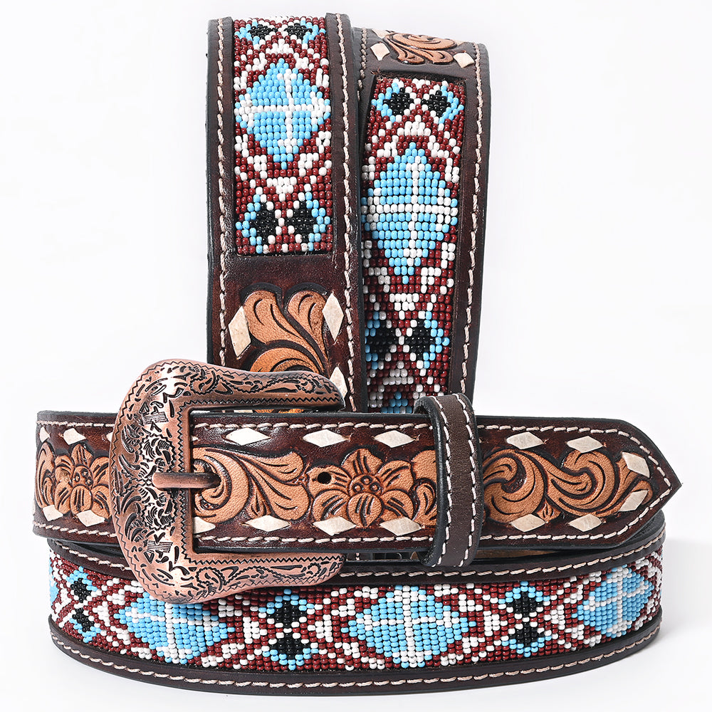Bar H Equine Hand Tooled Genuine Leather Crafted Unisex Brown Western Belt Beaded Carving | Bead Belts for Women Men