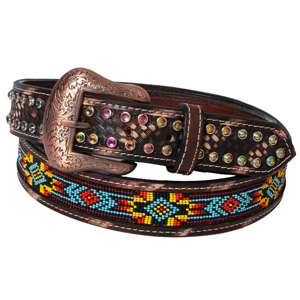 Bar H Equine Beaded Crystal Basket Tooled Hand Carved Western Leather Men & Women Belt Unisex Carving Antique Brown