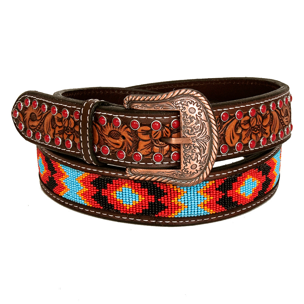 Bar H Equine Hand Tooled Genuine Leather Crafted Unisex Brown Western Belt Beaded Carving | Bead Belts for Women Men B