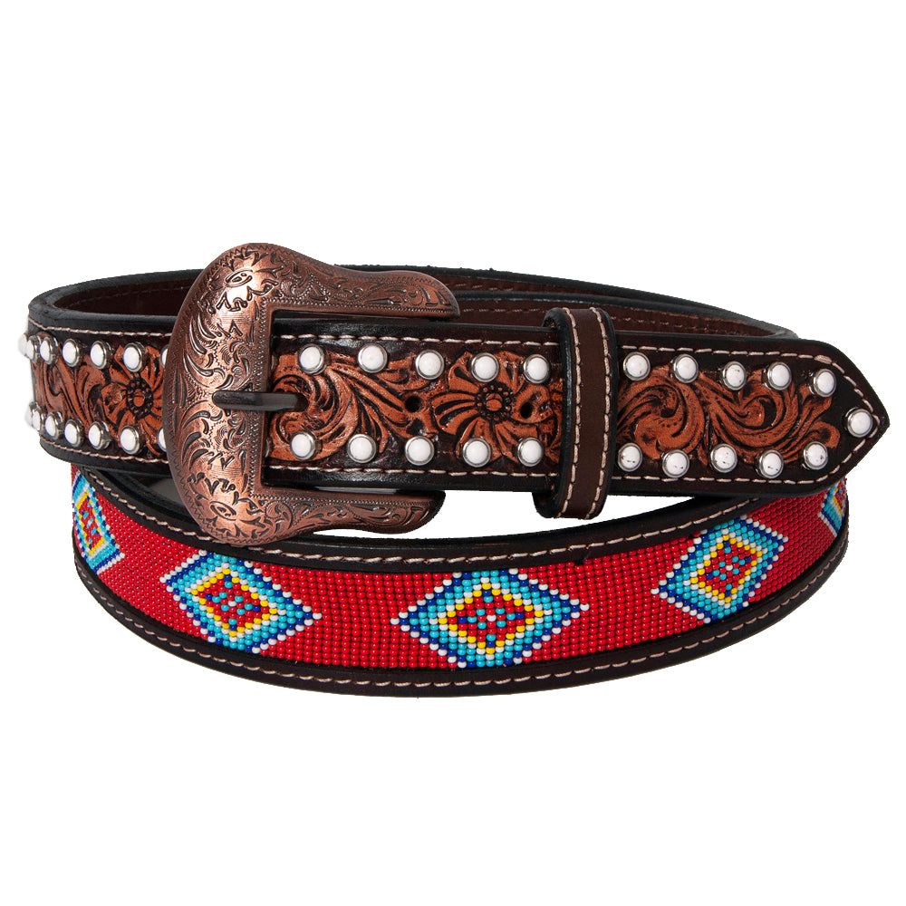 BAR H EQUINE Red Beaded White Crystal Floral Hand Carved Western Men & Women Belt Unisex Carving Brown