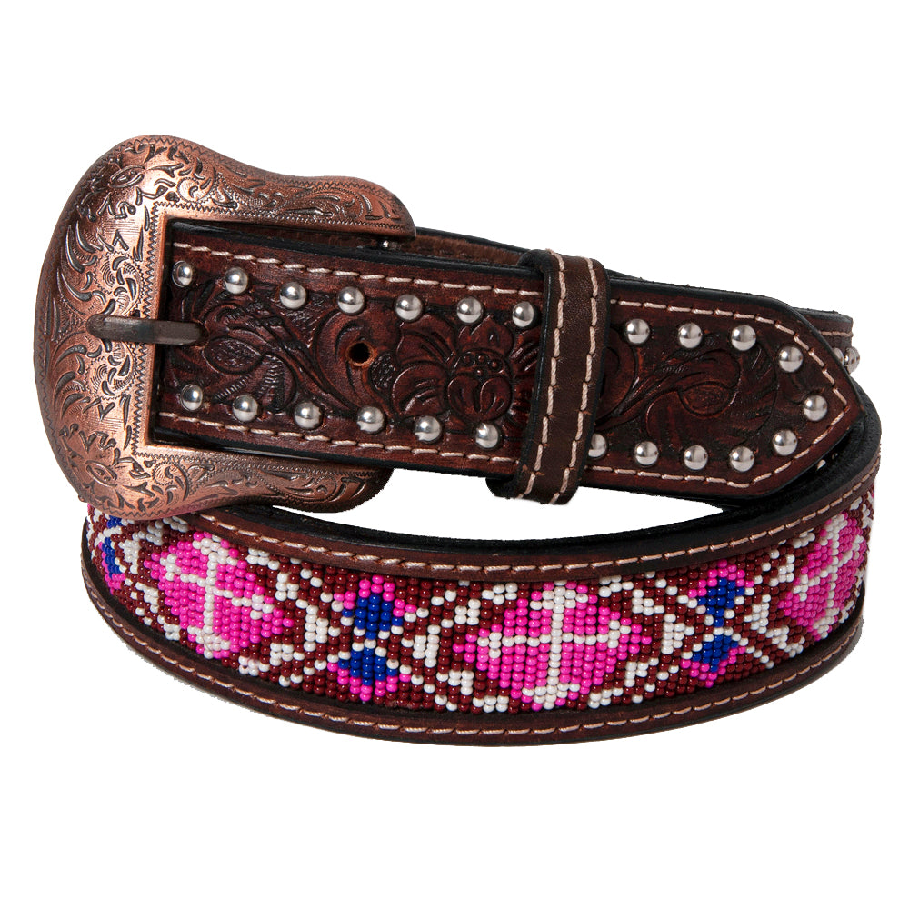 Bar H Equine Hand Tooled Genuine Leather Crafted Unisex Antique Brown Western Belt Beaded Carving | Bead Belts for Women
