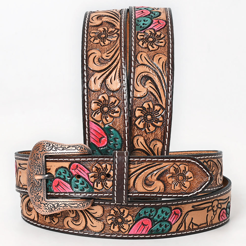 BAR H EQUINE Tan Floral Cactus Bull Hand Carved Genuine Leather Men & Women Belt Unisex Western with Removable Buckle