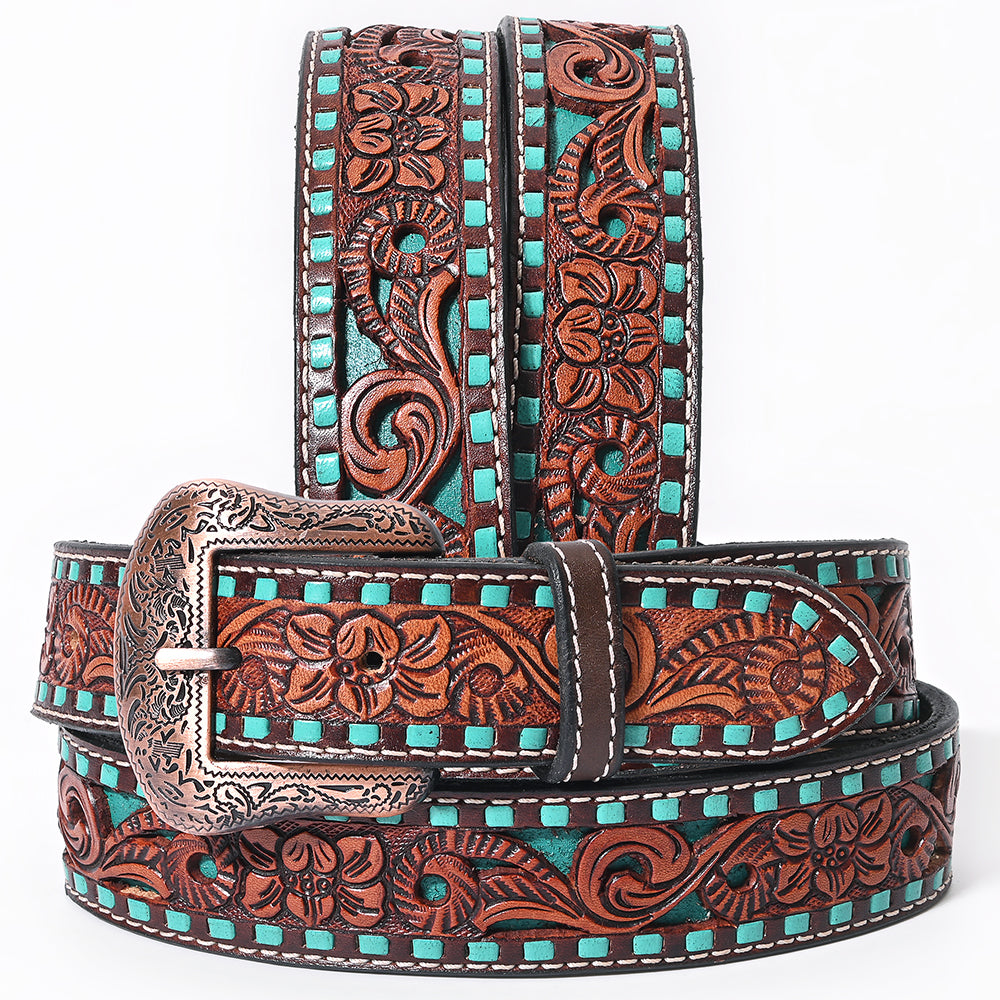 BAR H EQUINE Brown Floral Cactus Bull Hand Carved Genuine Leather Men & Women Belt Unisex Western with Removable Buckle