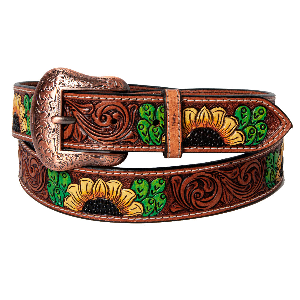 BAR H EQUINE Brown Floral Sunflower Cactus Hand Painted Genuine Leather Men & Women Belt Unisex Western with Removable Buckle