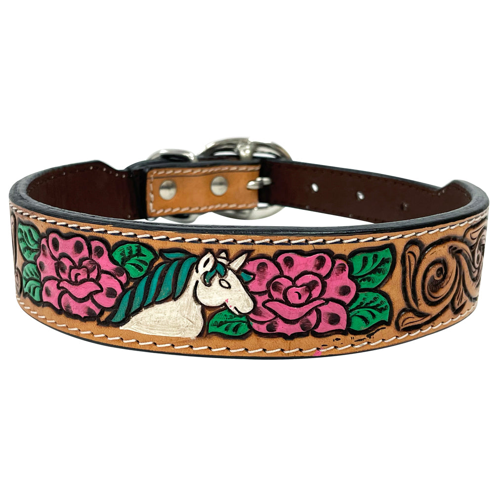 BAR H EQUINE Floral Belle Unicorn Hand Painted Western Leather Dog Collar Tan