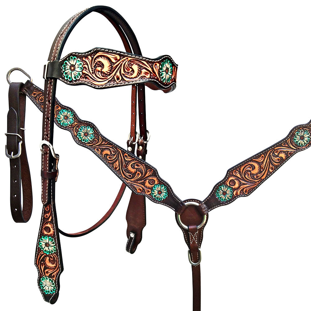HILASON Western Horse Floral Headstall Breast Collar Set American Leather Brown With Turquoise