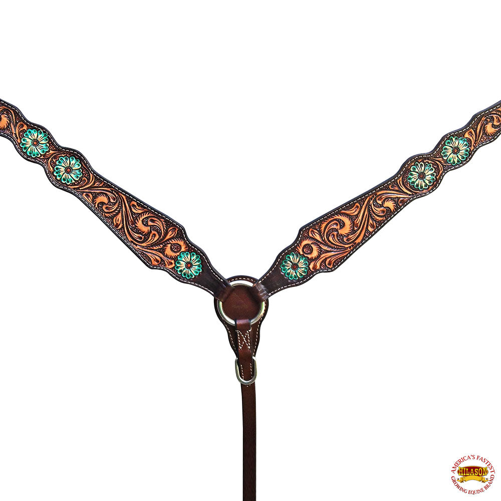 HILASON Western Horse Floral Headstall Breast Collar Set American Leather Brown With Turquoise