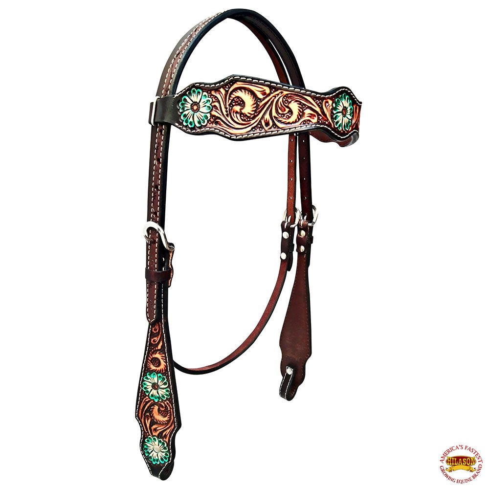 HILASON Western Horse Floral Headstall Breast Collar Set American Leather Brown With Turquoise