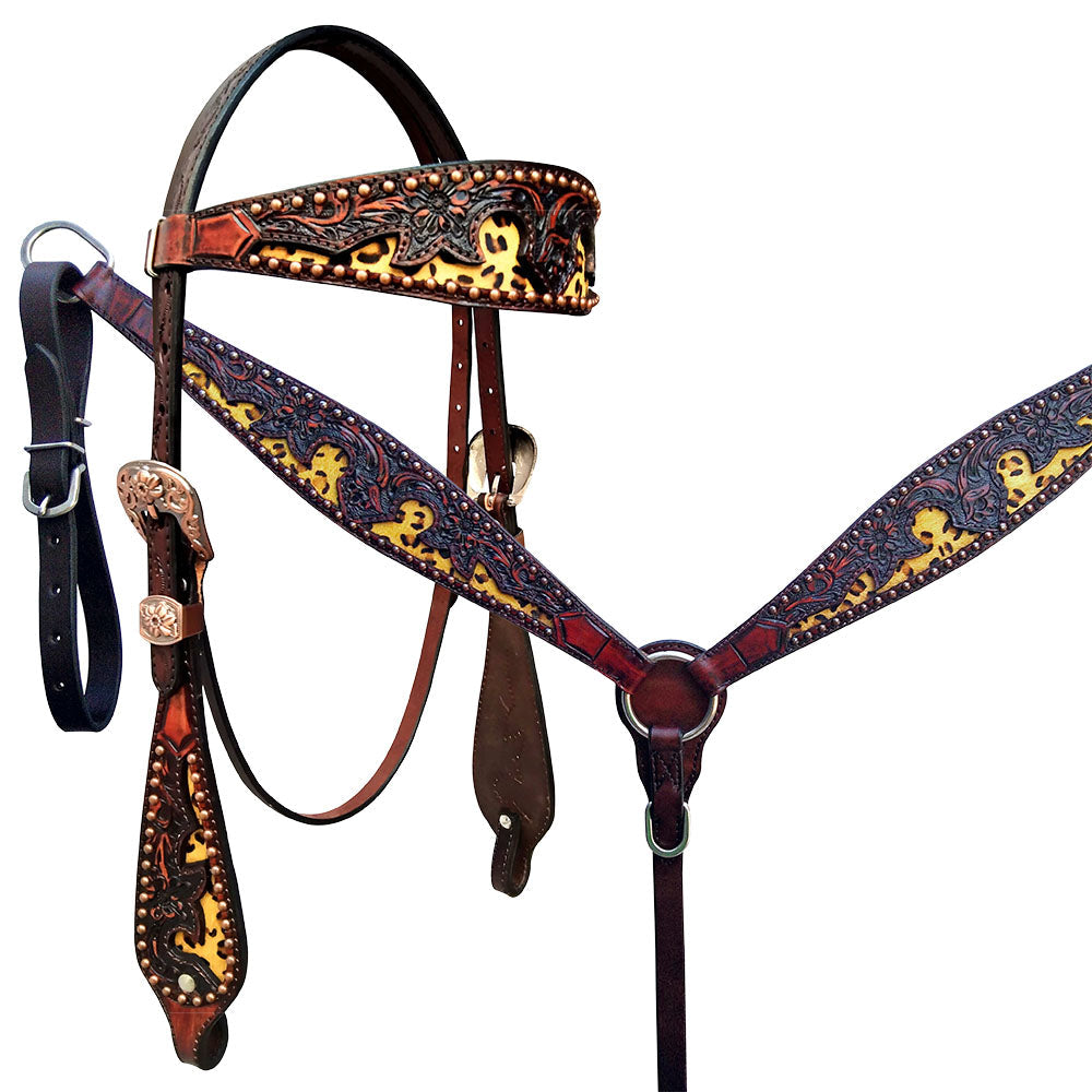 HILASON Western Horse Floral Headstall Breast Collar Set American Leather Dark Brown With Cheeta Inlay