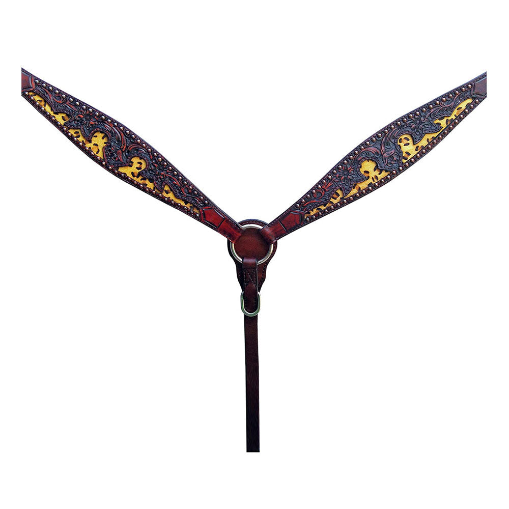 HILASON Western Horse Floral Headstall Breast Collar Set American Leather Dark Brown With Cheeta Inlay