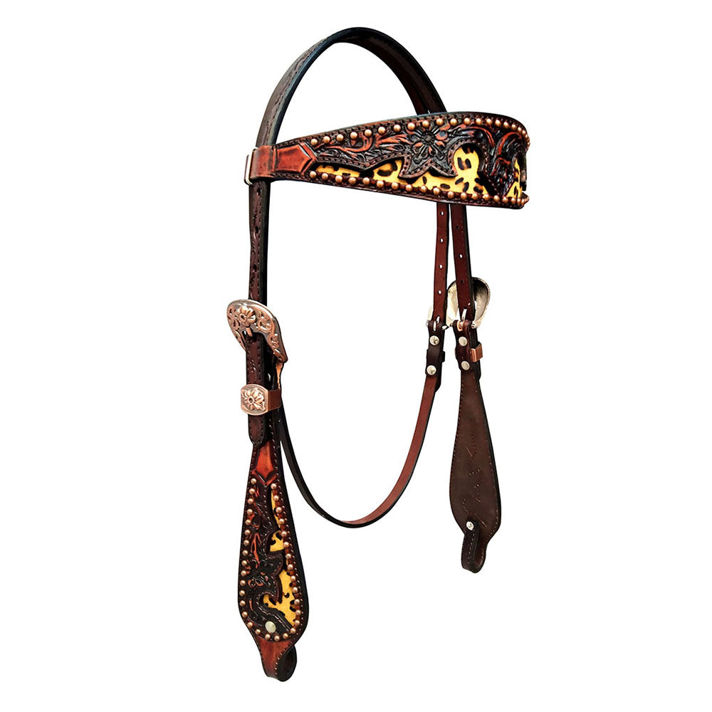 HILASON Western Horse Floral Headstall Breast Collar Set American Leather Dark Brown With Cheeta Inlay