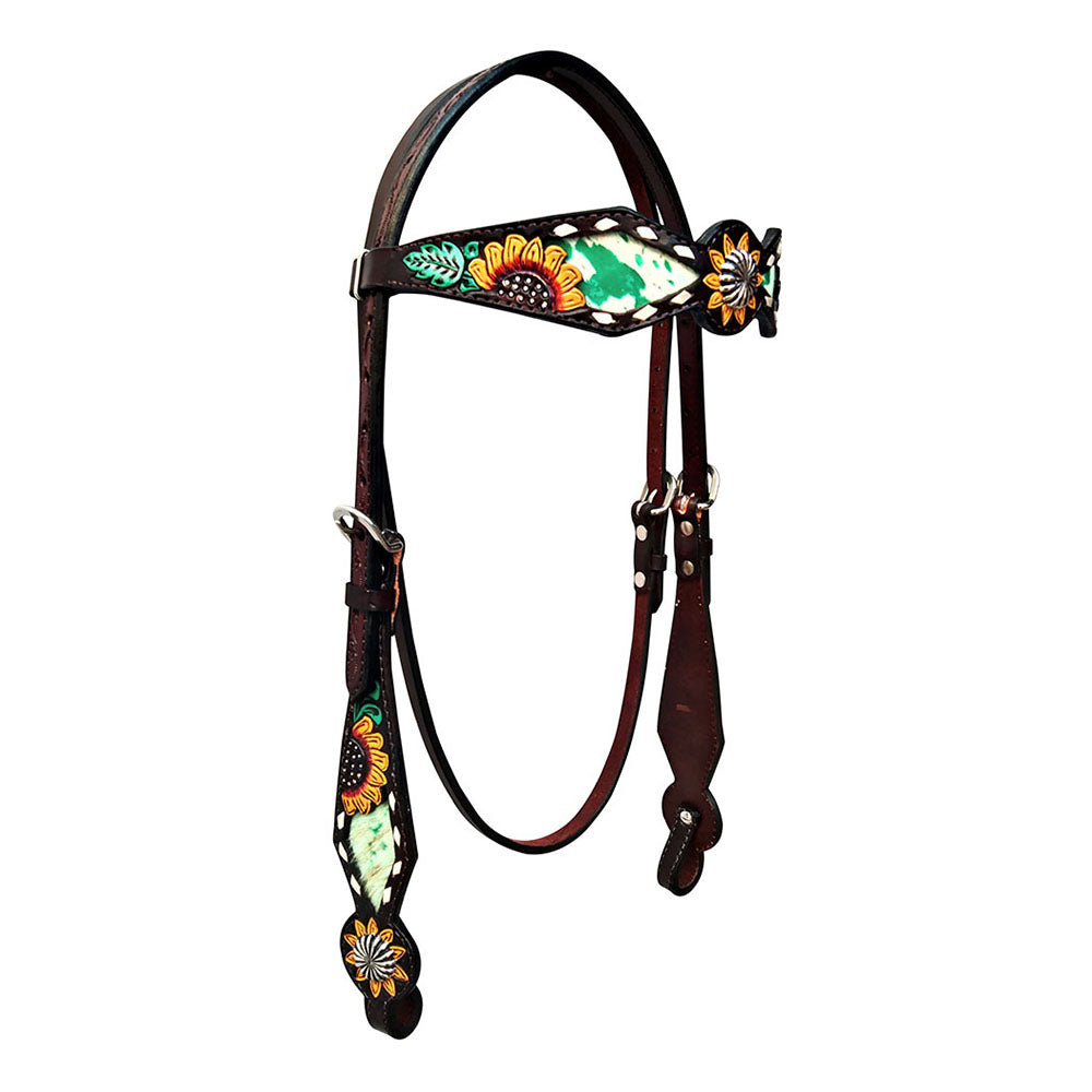 HILASON Western Horse Floral Headstall Breast Collar Set American Leather Dark Brown With Sun Flower