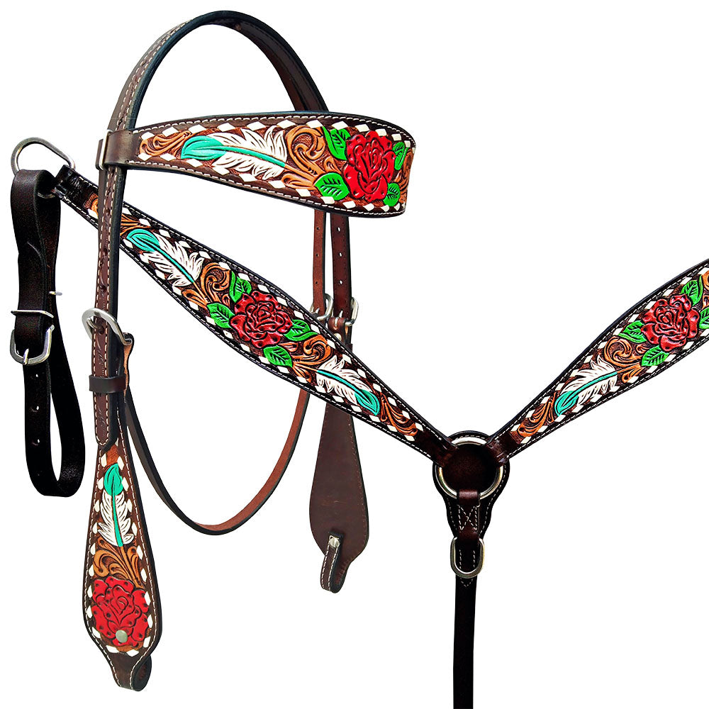 HILASON Western Horse Headstall Breast Collar Set American Leather Rose With Tan