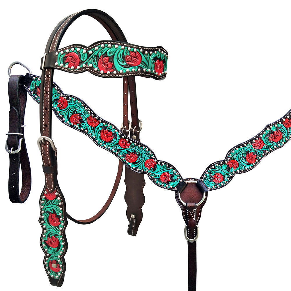 HILASON Western Horse Headstall Breast Collar Set American Leather Floral Dark Brown With Turquoise