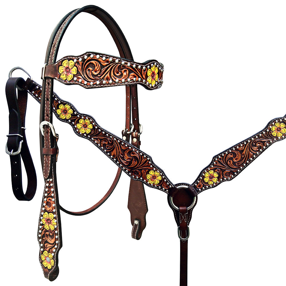 HILASON Western Horse Headstall Breast Collar Set American Leather Floral