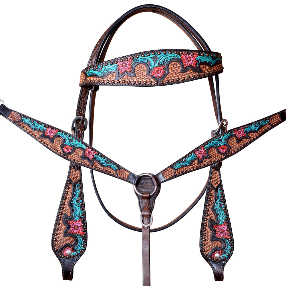 HILASON Western Horse Floral Headstall Breast Collar Set American Leather Dark Brown