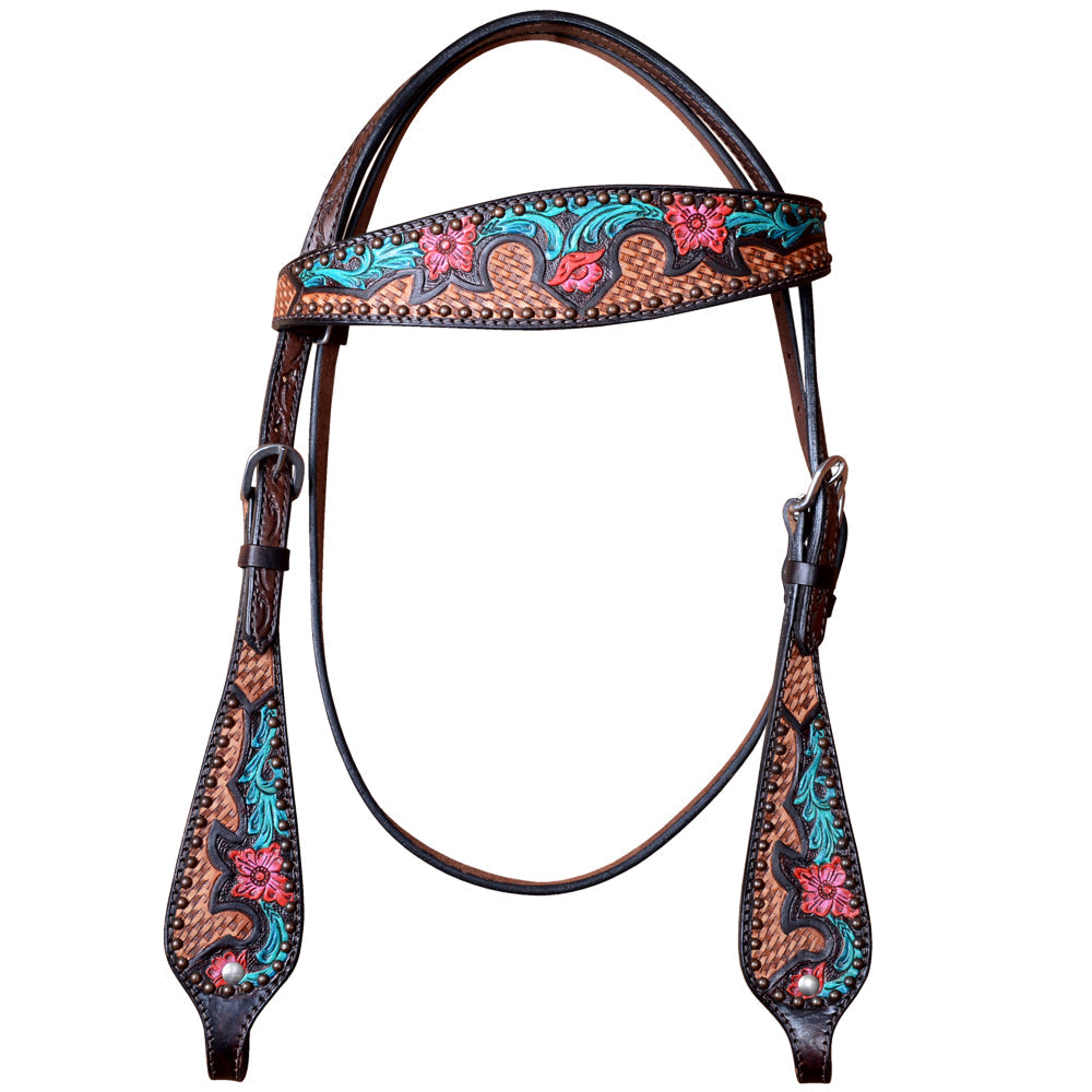 HILASON Western Horse Floral Headstall Breast Collar Set American Leather Dark Brown