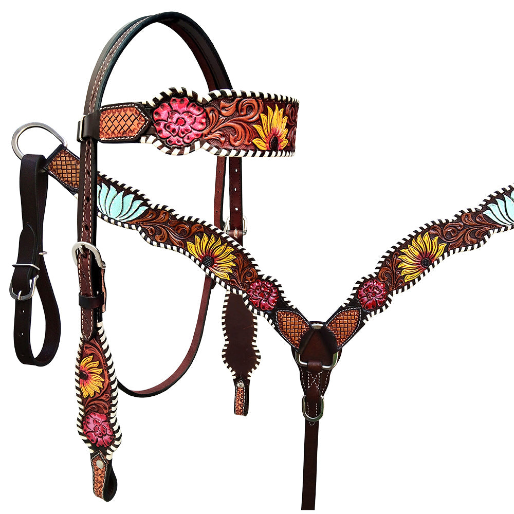 HILASON Western Horse Headstall Breast Collar Set American Leather Dark Brown With Sun Floral