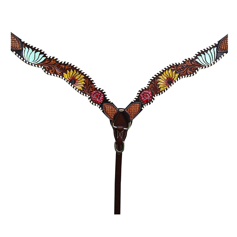 HILASON Western Horse Headstall Breast Collar Set American Leather Dark Brown With Sun Floral
