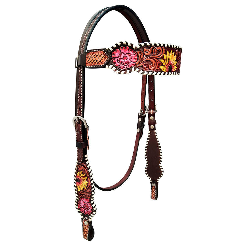 HILASON Western Horse Headstall Breast Collar Set American Leather Dark Brown With Sun Floral