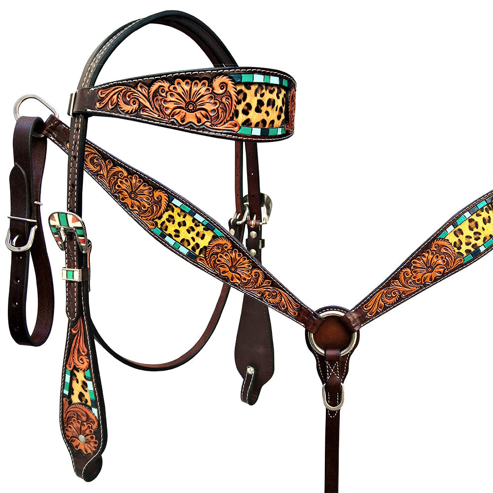 HILASON Western Horse Floral Headstall Breast Collar Set American Leather Brown