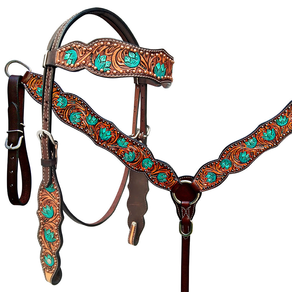 HILASON Western Horse Floral Headstall Breast Collar Set American Leather Brown With Turquoise