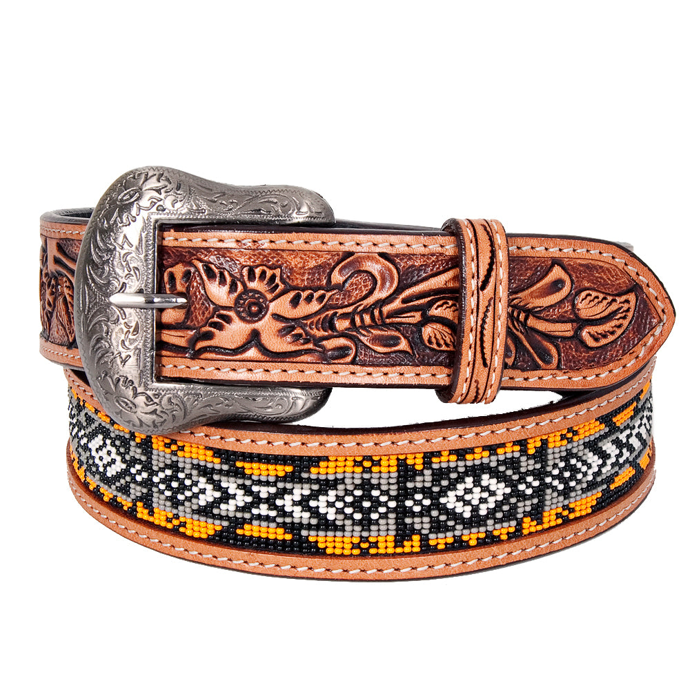 Bar H Equine Hand Tooled Genuine Leather Crafted Unisex Tan Western Belt Beaded Carving | Bead Belts for Women Men