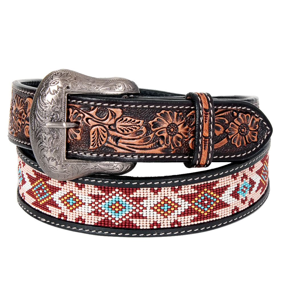 Bar H Equine Hand Tooled Genuine Leather Crafted Unisex Black Western Belt Beaded Carving | Bead Belts for Women Men