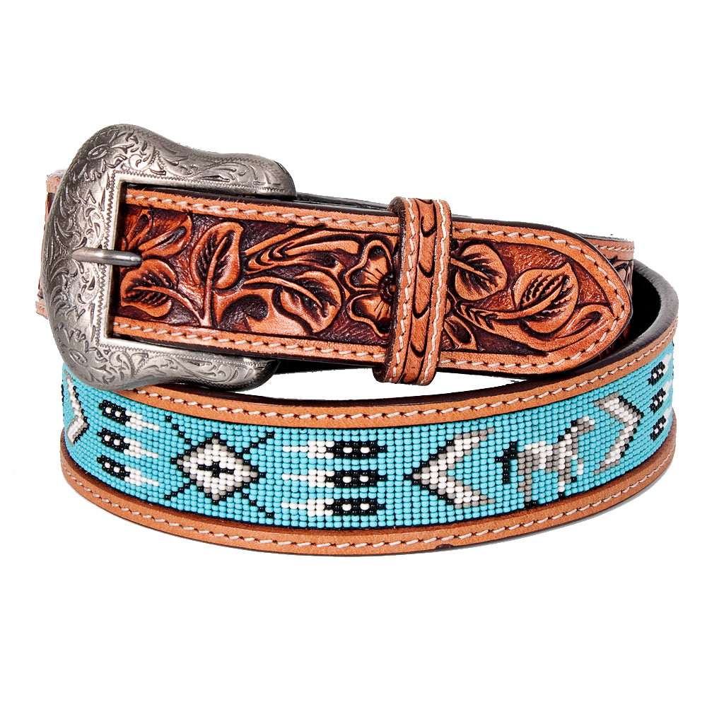 Bar H Equine Hand Tooled Genuine Leather Crafted Unisex Tan Western Belt Beaded Carving | Bead Belts for Women Men