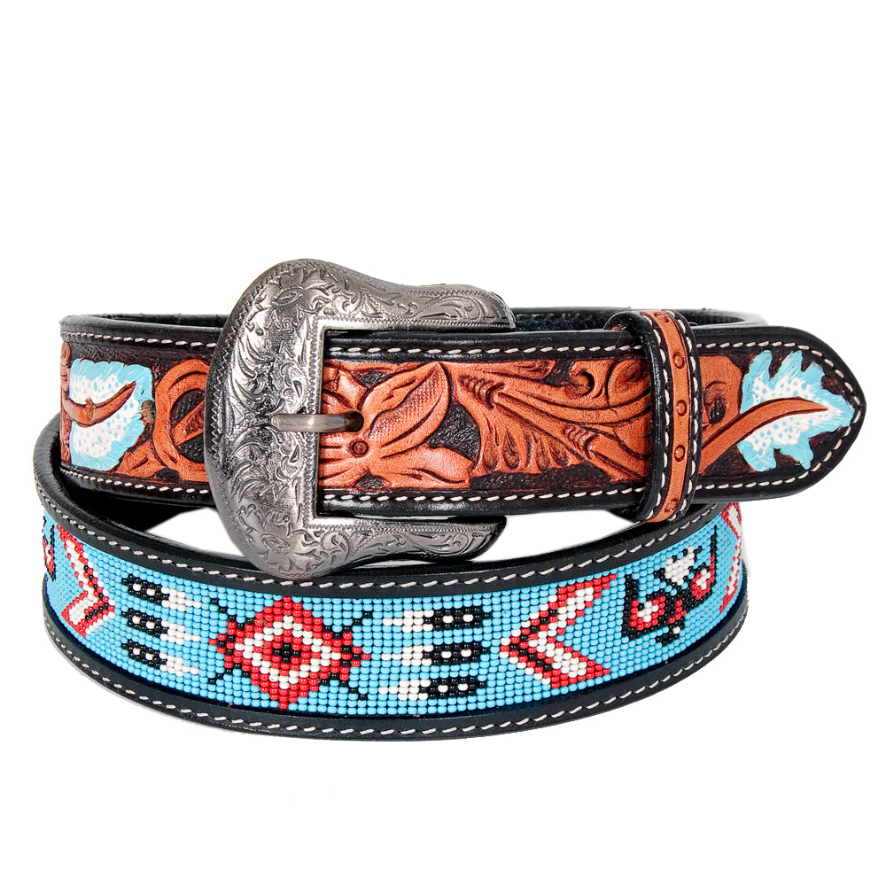 Bar H Equine Hand Tooled Genuine Leather Crafted Unisex Black Western Belt Beaded Carving | Bead Belts for Women Men