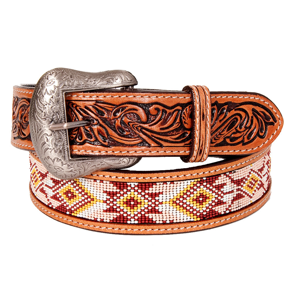 Bar H Equine Hand Tooled Genuine Leather Crafted Unisex Tan Western Belt Beaded Carving | Bead Belts for Women Men Bea