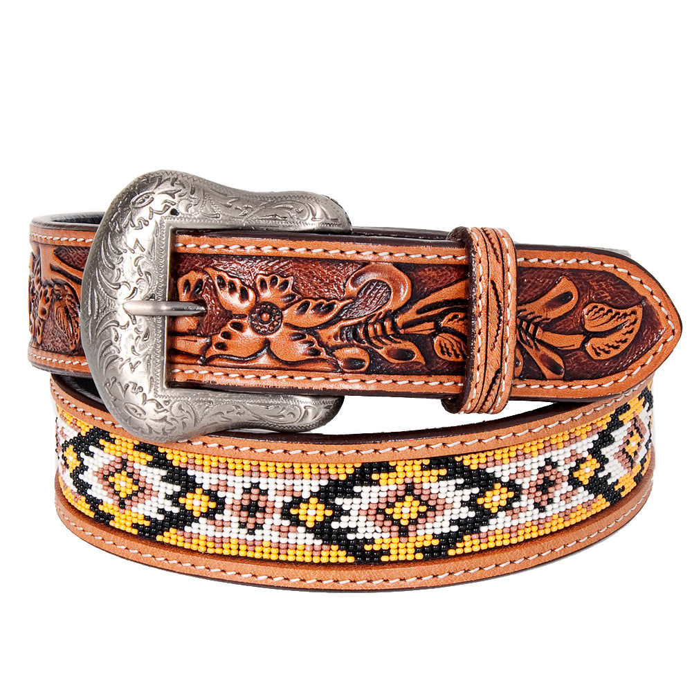 Bar H Equine Hand Tooled Genuine Leather Crafted Unisex Tan Western Belt Beaded Carving | Bead Belts for Women Men Bea