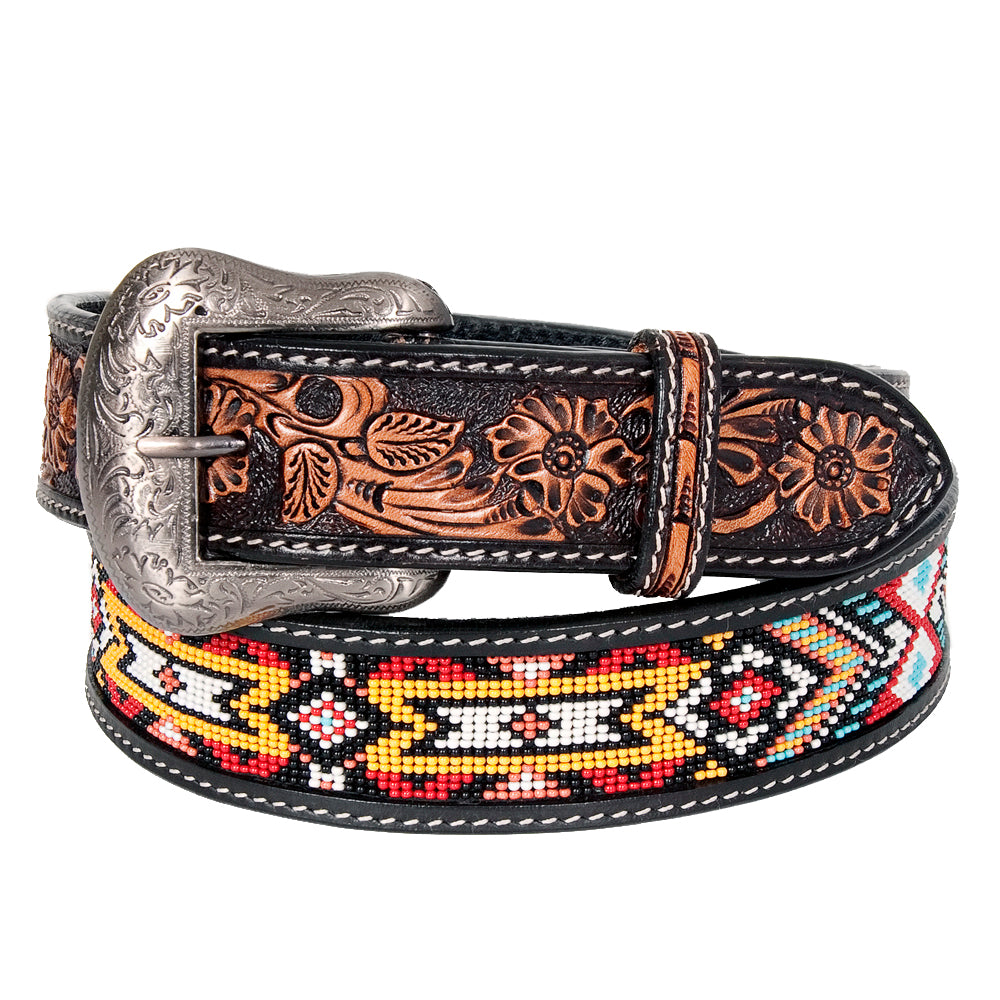 Bar H Equine Hand Tooled Genuine Leather Crafted Unisex Black Western Belt Beaded Carving | Bead Belts for Women Men B