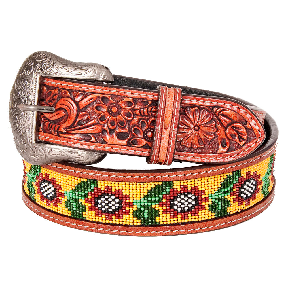 Bar H Equine Hand Tooled Genuine Leather Crafted Unisex Brown Western Belt Beaded Carving | Bead Belts for Women Men B