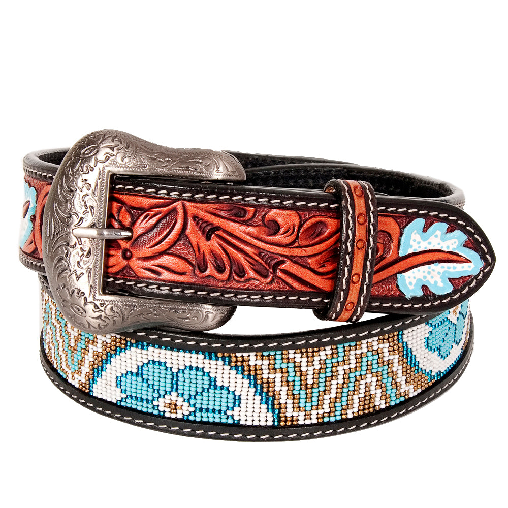 Bar H Equine Hand Tooled Genuine Leather Crafted Unisex Black Western Belt Beaded Carving | Bead Belts for Women Men B